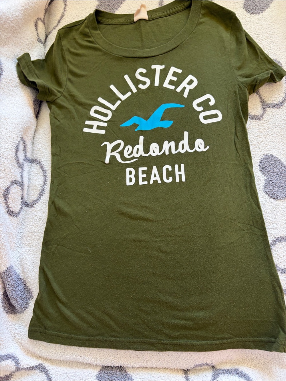 Hollister Olive Green Tee with White and Bright Blue Logo
